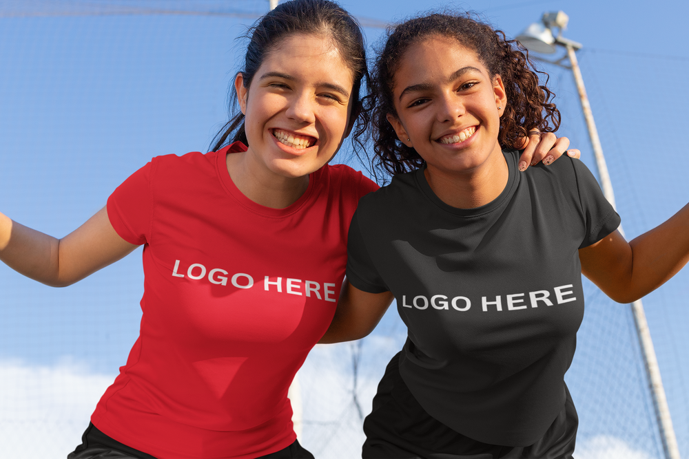 Two friends wearing custom team shirts
